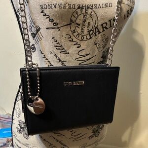 Steve Madden Black Crossbody with Silver Chain and Logo Charm